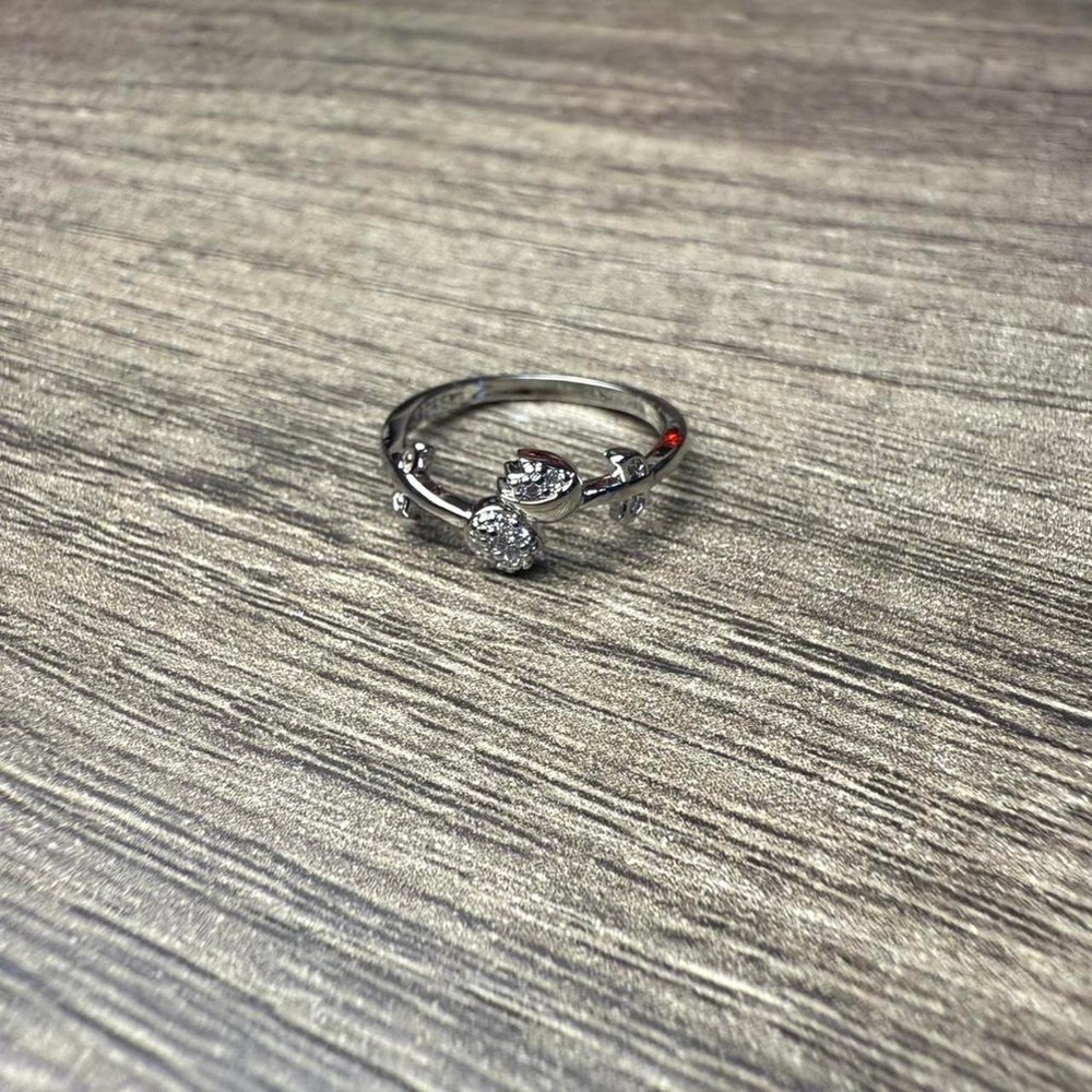 Silver Flower Ring Y2K Adjustable Tulip Rosebud Crystal Bypass Ring Size 5-10